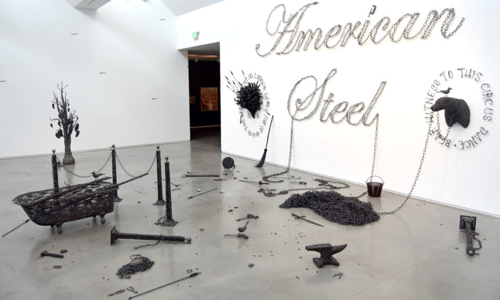 "American Steel," constructed entirely of forged and welded nails by Brunswick, Maine, sculptor John Bisbee, at the Center for Maine Contemporary Art in Rockland, July 30, 2018. (Greg Cook)