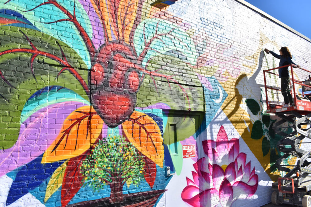 Lena McCarthy paints her mural at Pleasant and Green streets in Cambridge on Oc. 26, 2018, as part of the Central Square Mural Project organized by Cambridge Arts (where I work) and the Central Square Business Association. The project brought seven new murals to the neighborhood in 2018. (Greg Cook/Cambridge Arts)