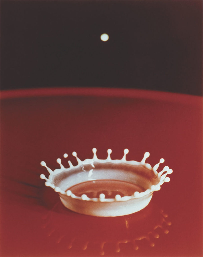 Harold Edgerton, “Milkdrop Coronet,” 1957. “Falling from a pipette, the first drop of milk creates a disc-shaped layer into which the second drop splashes, catapulting the milk into a diadem. This image is the culmination of 25 years of persistent search by Edgerton for aesthetic perfection. The original 8x10-inch negative was inadvertently destroyed at George Eastman House. This print is one of only three known large ‘C’ prints made from that negative (before 1960).”
