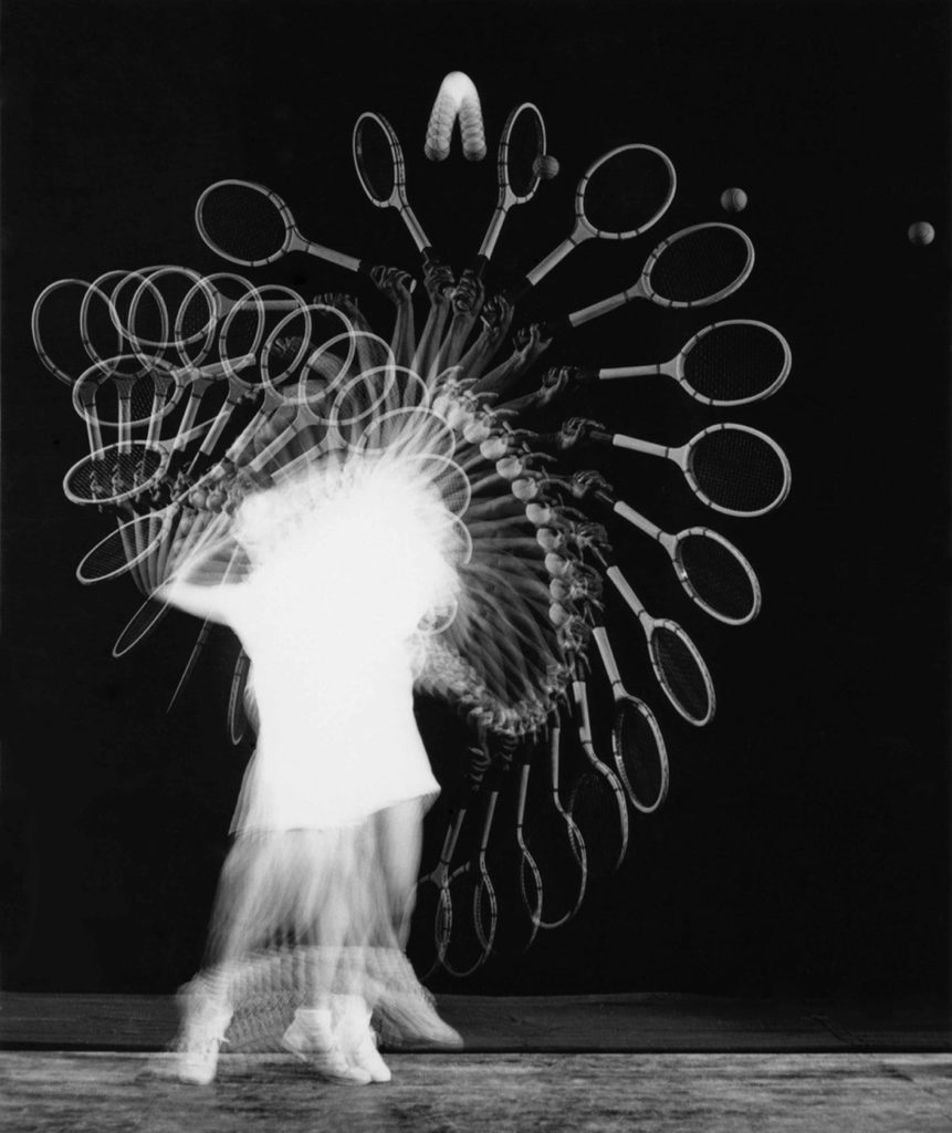 Harold Edgerton, “Gussie Moran Tennis Serve, Multiflash,” 1949. “Edgerton brought his strobes and other equipment to Longwood to photograph the touring tennis stars. He was given a few minutes with each in an anteroom before they went out for their matches. The outstanding tennis player, Moran tosses the ball into a perfect parabola for a power serve. This unique vintage print was the actual print used to reproduce the plate in ‘Flash!,’ published in 1954.”