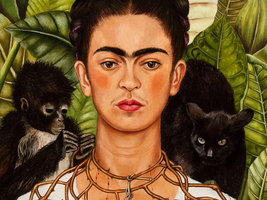 Frida Kahlo, “Self-Portrait with Hummingbird and Thorn Necklace (detail),” 1940, oil on canvas. (© 2018 Banco de México Diego Rivera Frida Kahlo Museums Trust, Mexico, D.F. / Artists Rights Society (ARS), New York)
