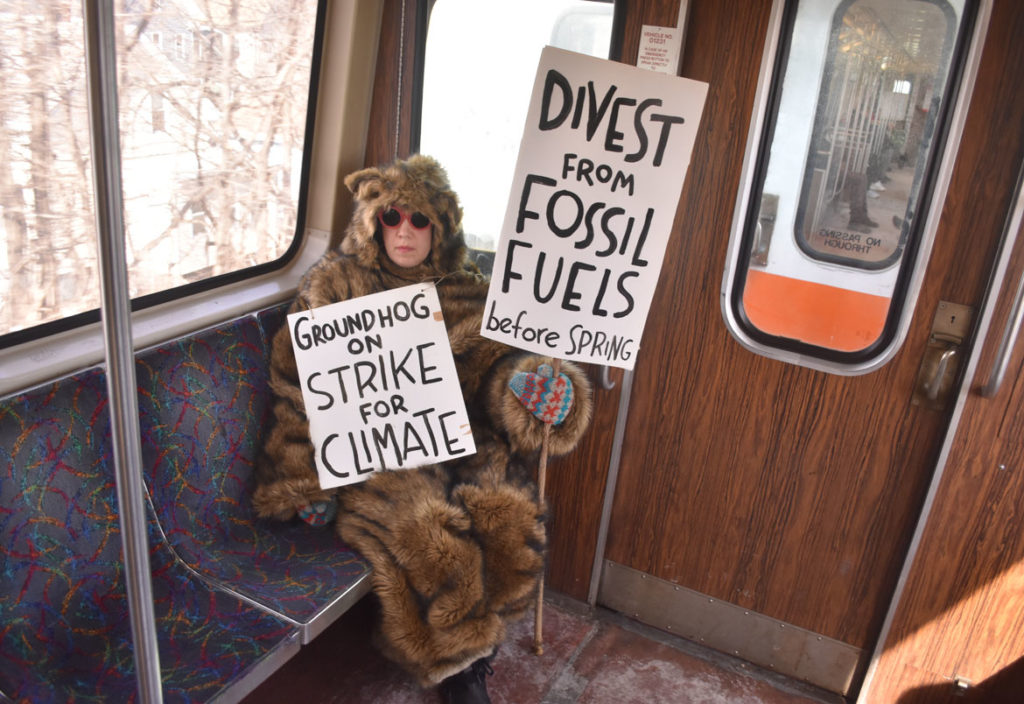 Kari Percival's "Groundhog on Strike" riding the MBTA, Feb. 1, 2019. (Greg Cook photo)