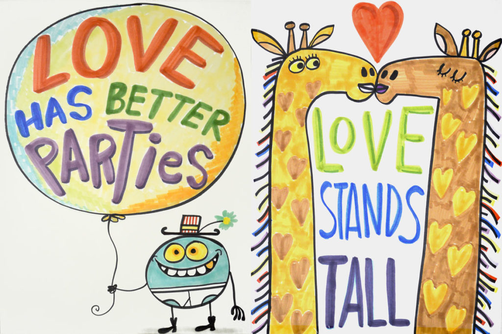 Mo Willems, "Love Has Better Parties/Love Stands Tall" Double-Sided Protest Sign. (Courtesy R. Michelson Galleries)