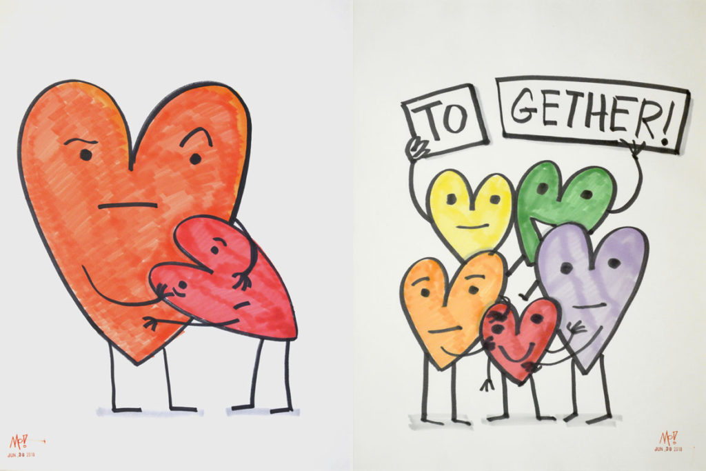 Mo Willems, "Two Hearts, Together" Double-Sided Protest Sign. (Courtesy R. Michelson Galleries)