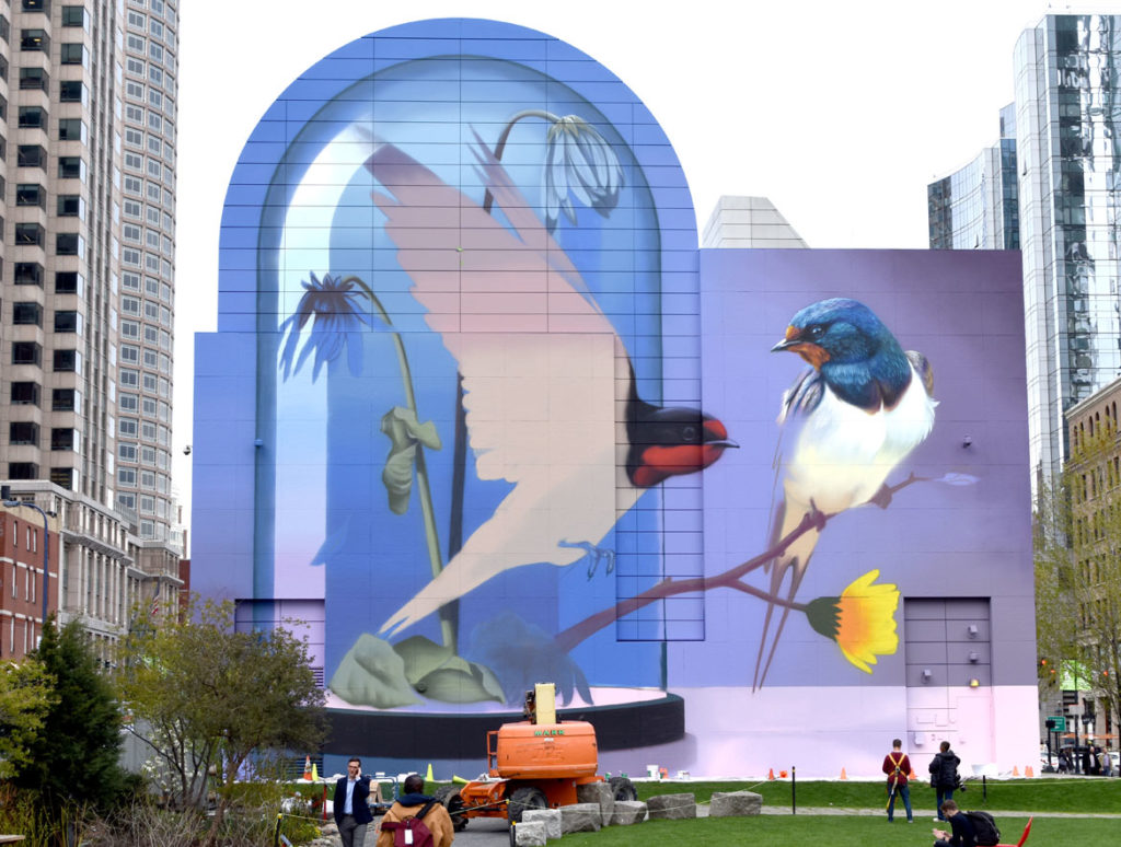 “Resonance,” a mural by Super A (Stefan Thelen), in progress on Boston's Greenway in Dewey Square, April 29, 2019. (Greg Cook)