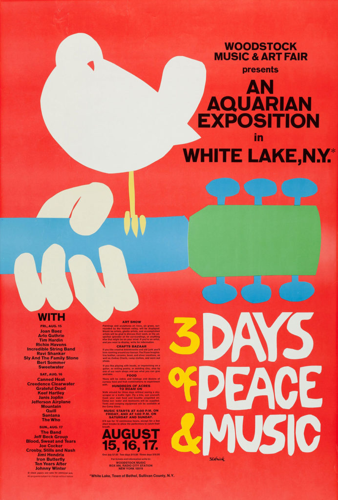 Arnold Skolnick, concert poster for the Woodstock festival, August 1969.