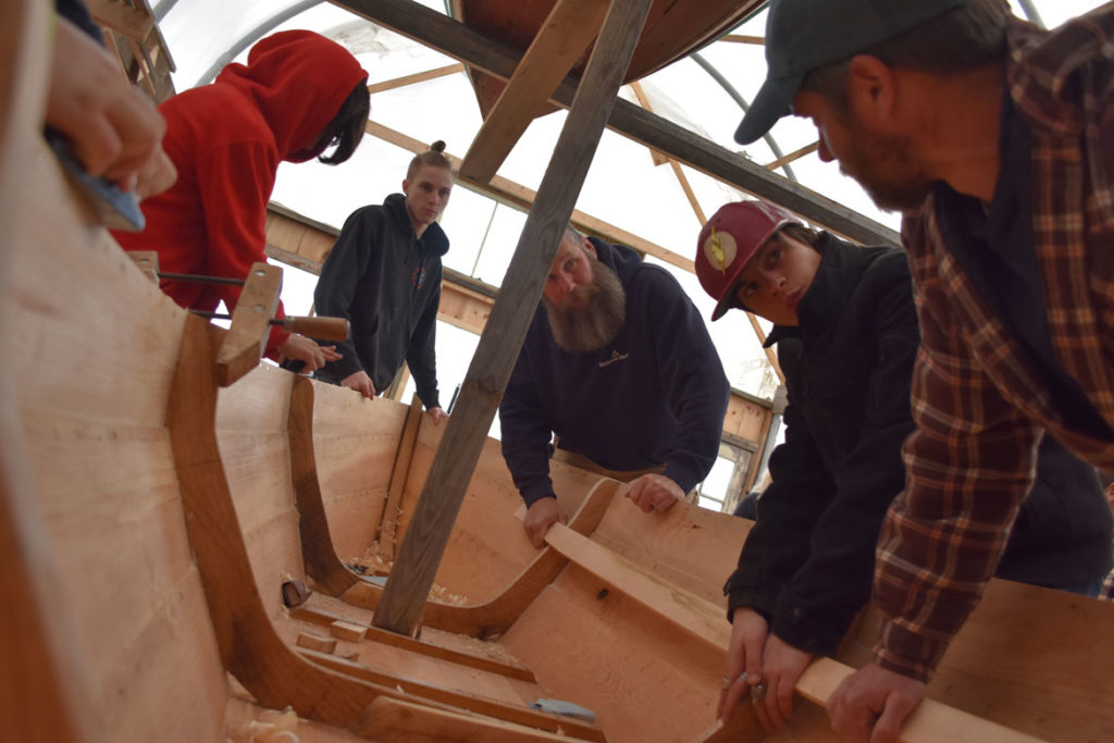 Building an Essex clamming skiff at the Essex Historical Society and Shipbuilding Museum in Essex, April 26, 2018. (Greg Cook)