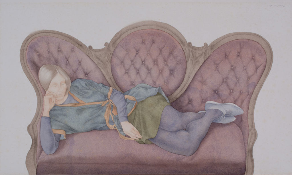 Dewitt Hardy "Reclining-Figure on Victorian-Couch," c. 1966, watercolor on paper. (Ogunquit Museum of American Art)