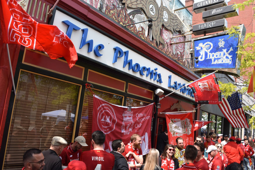 Fans crowded into the Phoenix Landing in Cambridge to watch Liverpool compete in the Champions League Final, June 1, 2019. (Greg Cook)
