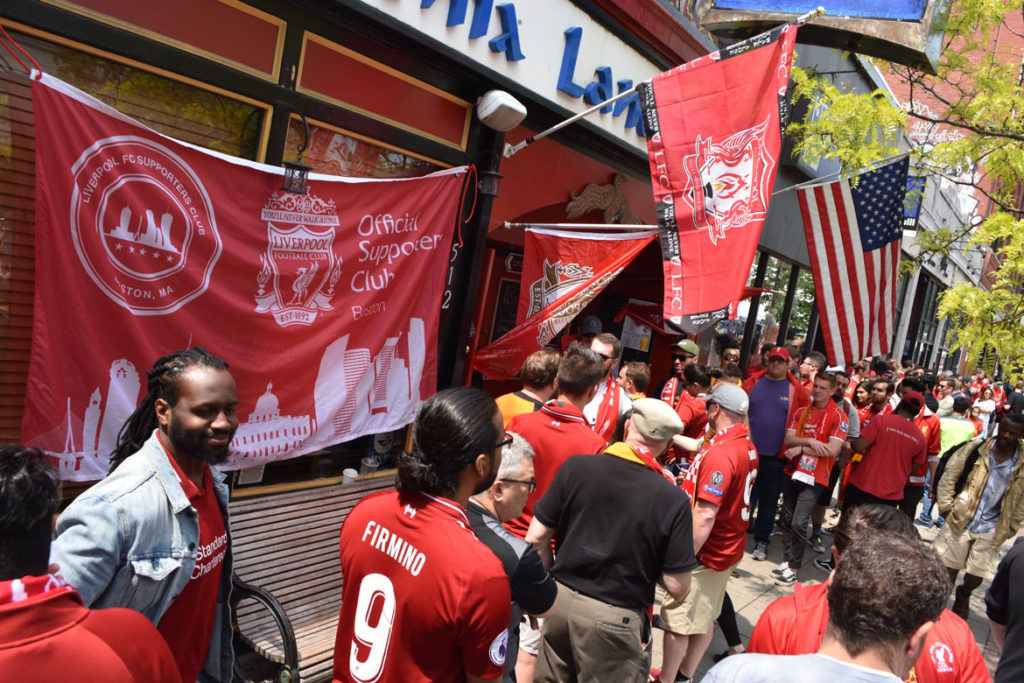 Fans crowded into the Phoenix Landing in Cambridge to watch Liverpool compete in the Champions League Final, June 1, 2019. (Greg Cook)