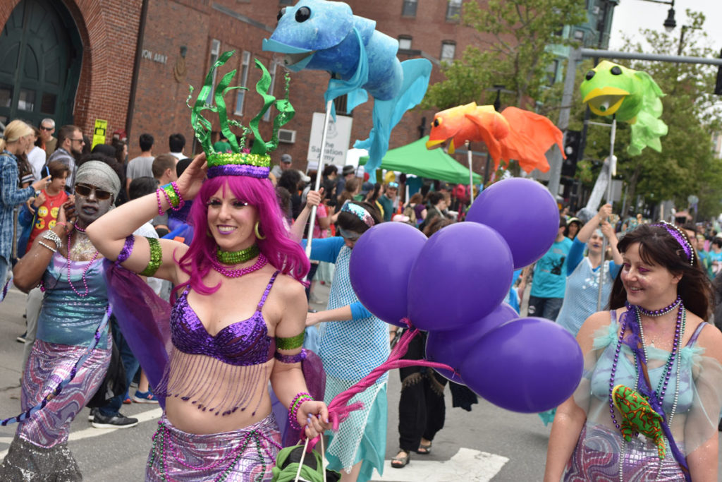 Mermaid Promenade at Cambridge Arts River Festival in Central Square, June 1, 2019. (Greg Cook)