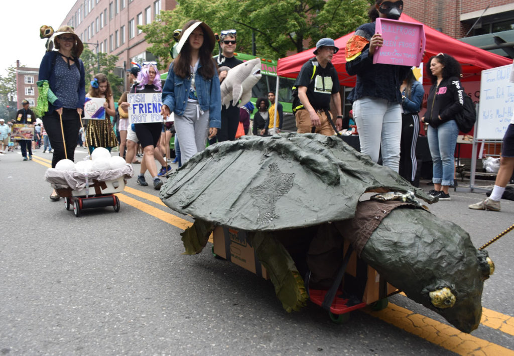 Cambridge Wildlife Puppetry Project walks in the Mermaid Promenade at Cambridge Arts River Festival in Central Square, June 1, 2019. (Greg Cook)