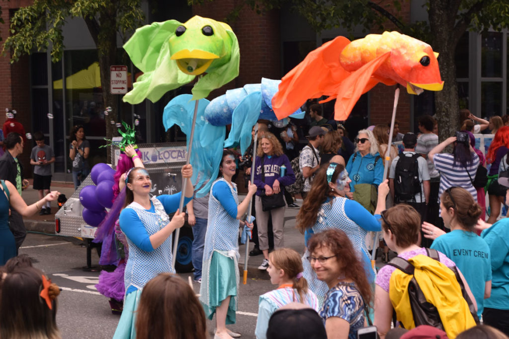 The Swishy Fishies, created by Honey Goodenough and Puppet Showplace Theater, in the Mermaid Promenade at Cambridge Arts River Festival in Central Square, June 1, 2019. (Greg Cook)