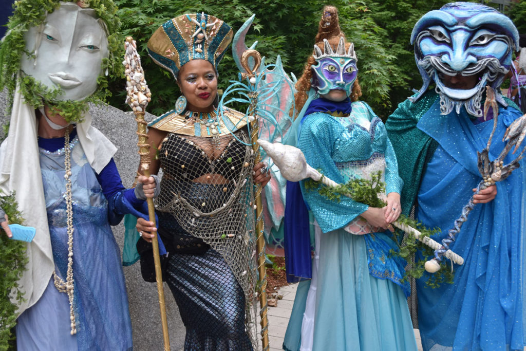 Behind the Mask Studio in the Mermaid Promenade at Cambridge Arts River Festival in Central Square, June 1, 2019. (Greg Cook)