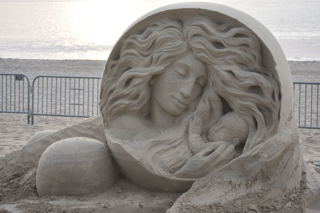 Sculpture by Pavel Mylnikov of Russia at the Revere Beach International Sand Sculpting Festival, Massachusetts, July 27, 2019. (Greg Cook)