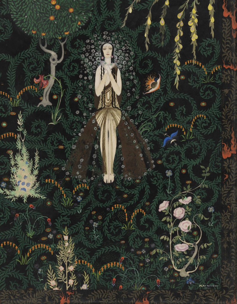 Kay Nielsen, "Flowers and Flames," 1921, opaque watercolor and metallic paint, over graphite. (Courtesy Museum of Fine Arts, Boston)