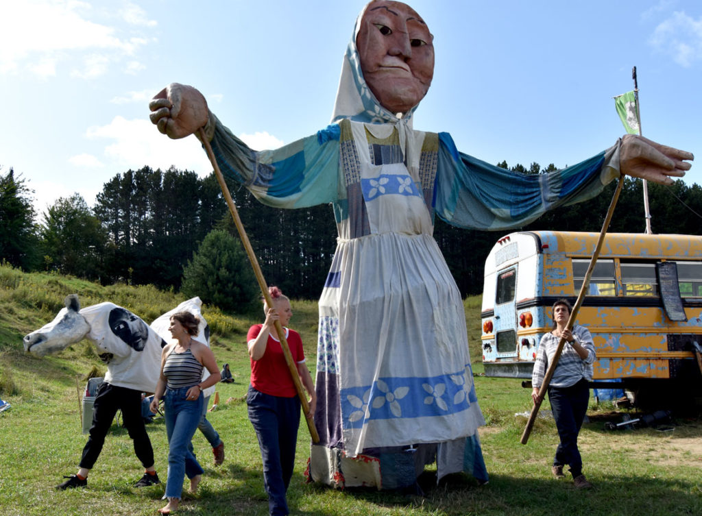 Rehearsal for Bread and Puppet Theater's "Diagonal Life Circus," Glover, Vermont, Aug. 24, 2019. (Greg Cook)