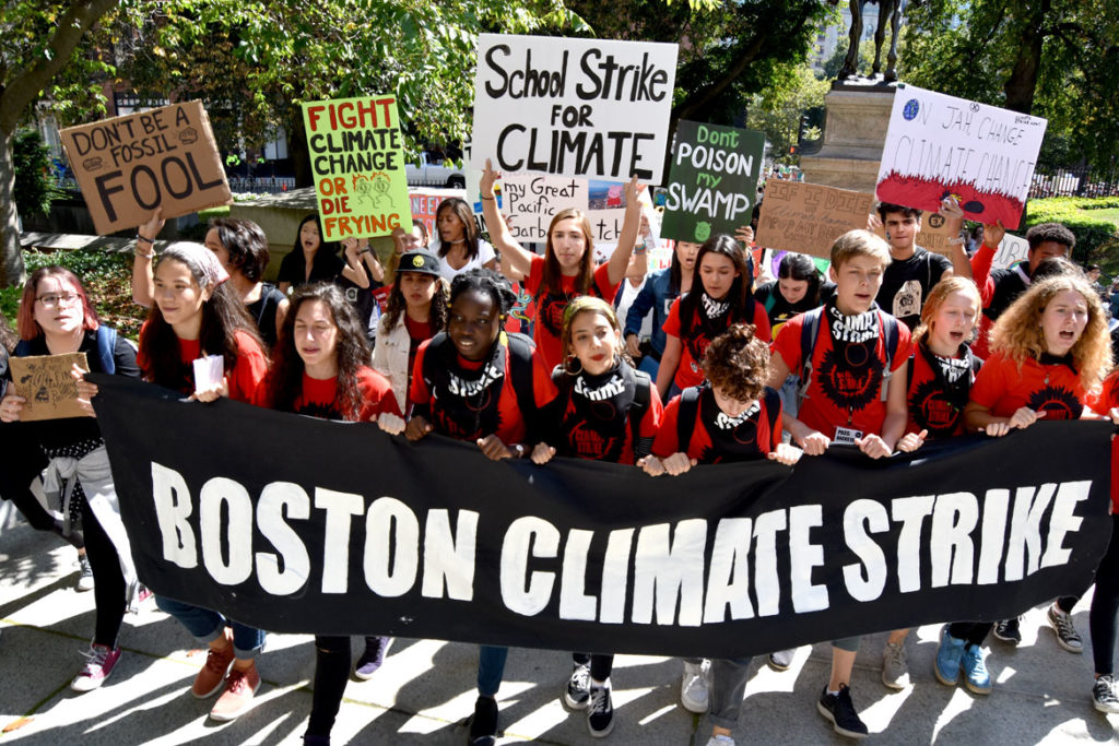 Boston Climate Strike reaches the Massachusetts State House, Sept. 20, 2019. (Greg Cook)