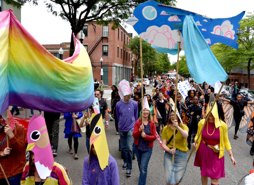 Wonderland Spectacle Co. in Nick Cave's Joy parade, Boston, Sept. 14, 2019. (Greg Cook)