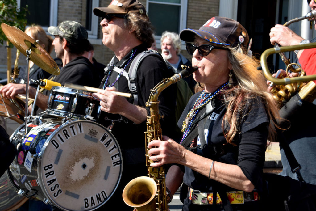Boston's Dirty Water Brass Band performs in the Honk Parade, Oct. 13, 2019. (Greg Cook photo)