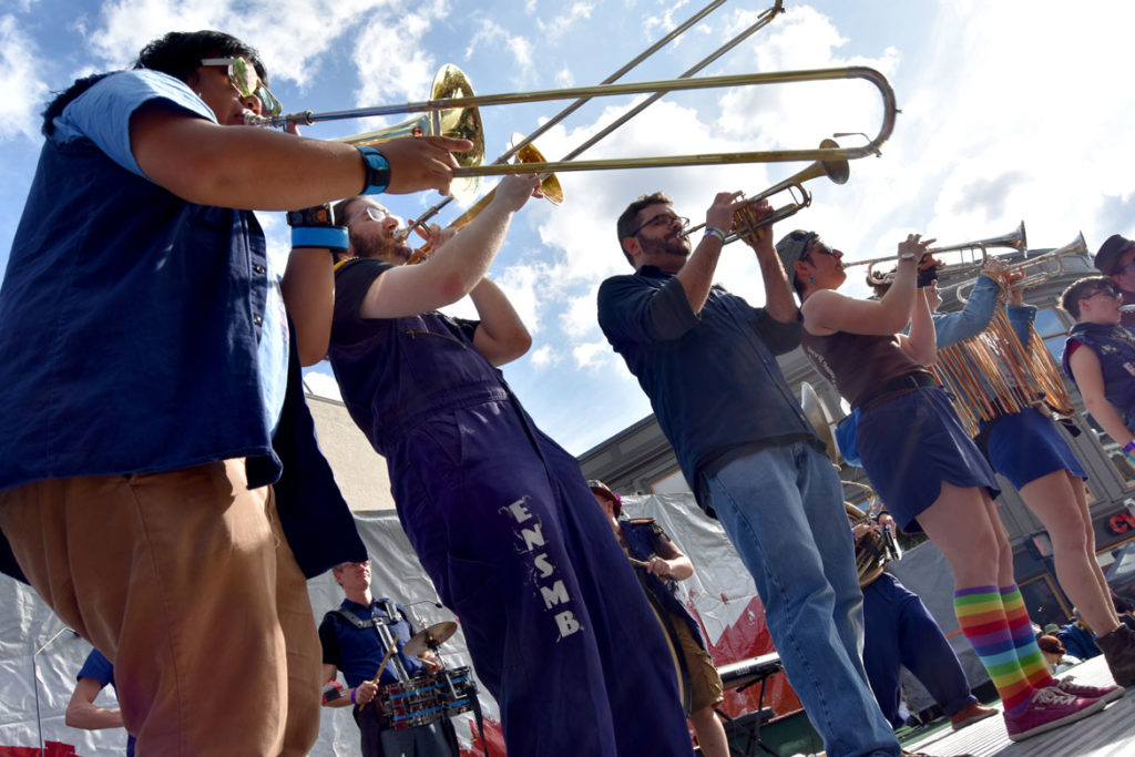 Emperor Norton's Stationary Marching Band from Somerville plays on the main stage at Harvard Square, Cambridge, during the Honk Festival, Oct. 13, 2019. (Greg Cook photo)