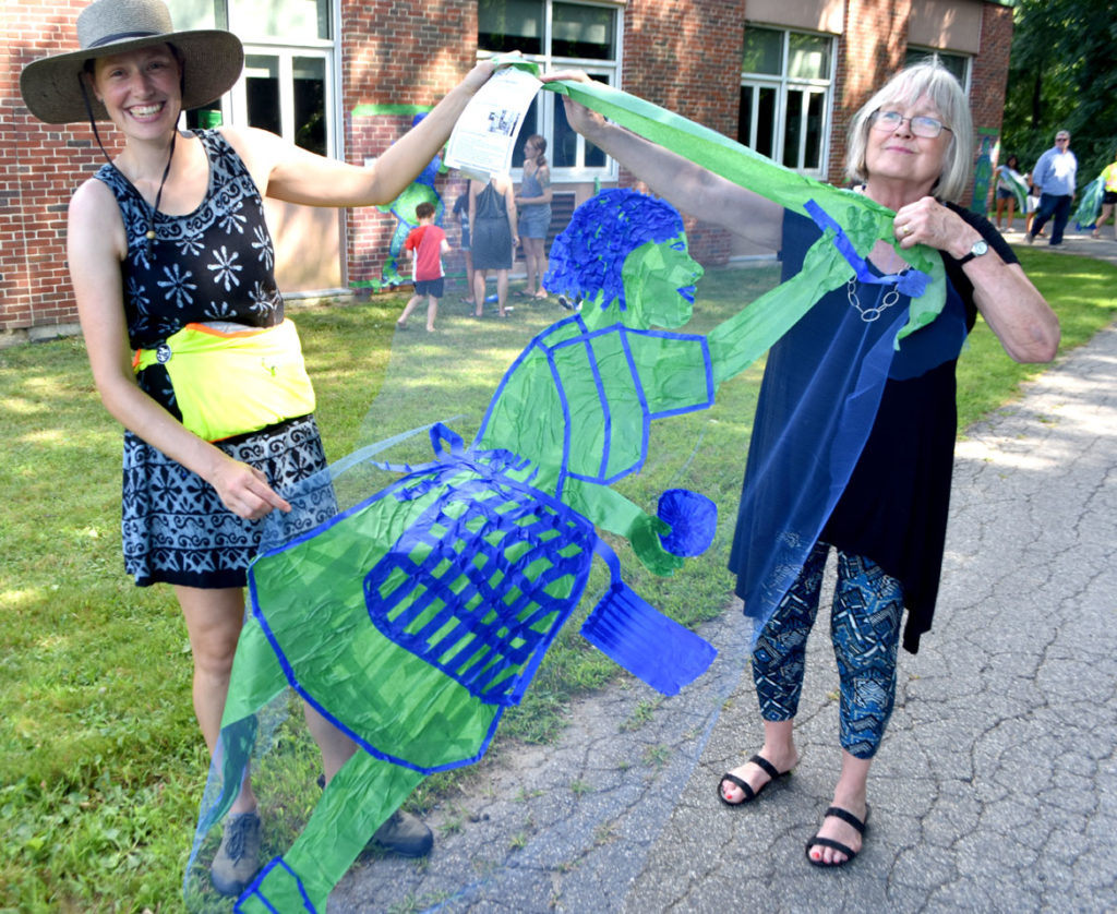 “Pageant Picnic Day” from “Drawing From Our Past: A Tri-Town Tape Art Festival” at Pentucket Regional Middle School in West Newbury, July 27, 2019. (Greg Cook photo)