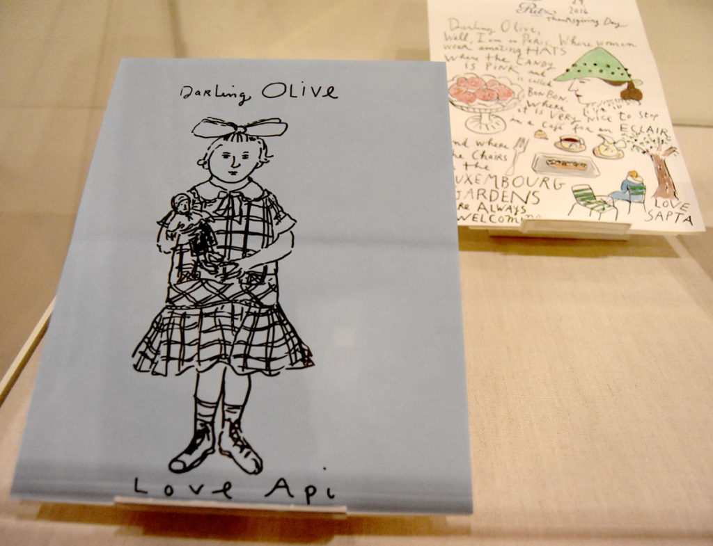 Maira Kalman, Illustrated letters that she sends every other week to her granddaughter Olive, now age 3, in “The Pursuit of Everything: Maira Kalman's Books for Children" at Eric Carle Museum, Amherst, Nov. 10, 2019. (Greg Cook photo)