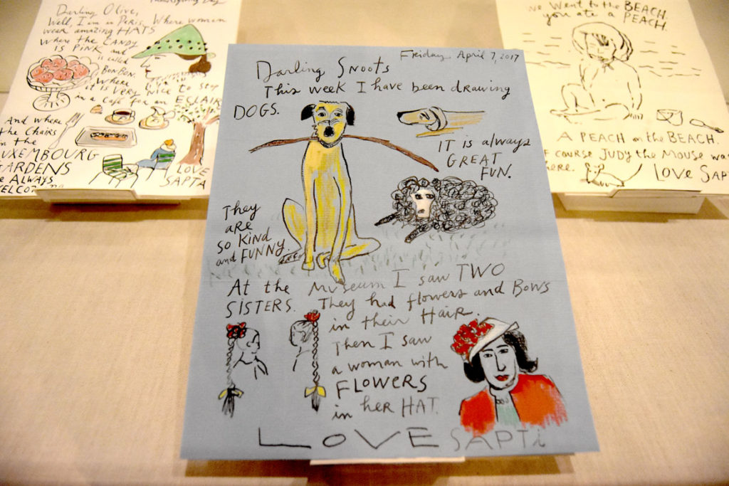 Maira Kalman, Illustrated letters that she sends every other week to her granddaughter Olive, now age 3, in “The Pursuit of Everything: Maira Kalman's Books for Children" at Eric Carle Museum, Amherst, Nov. 10, 2019. (Greg Cook photo)