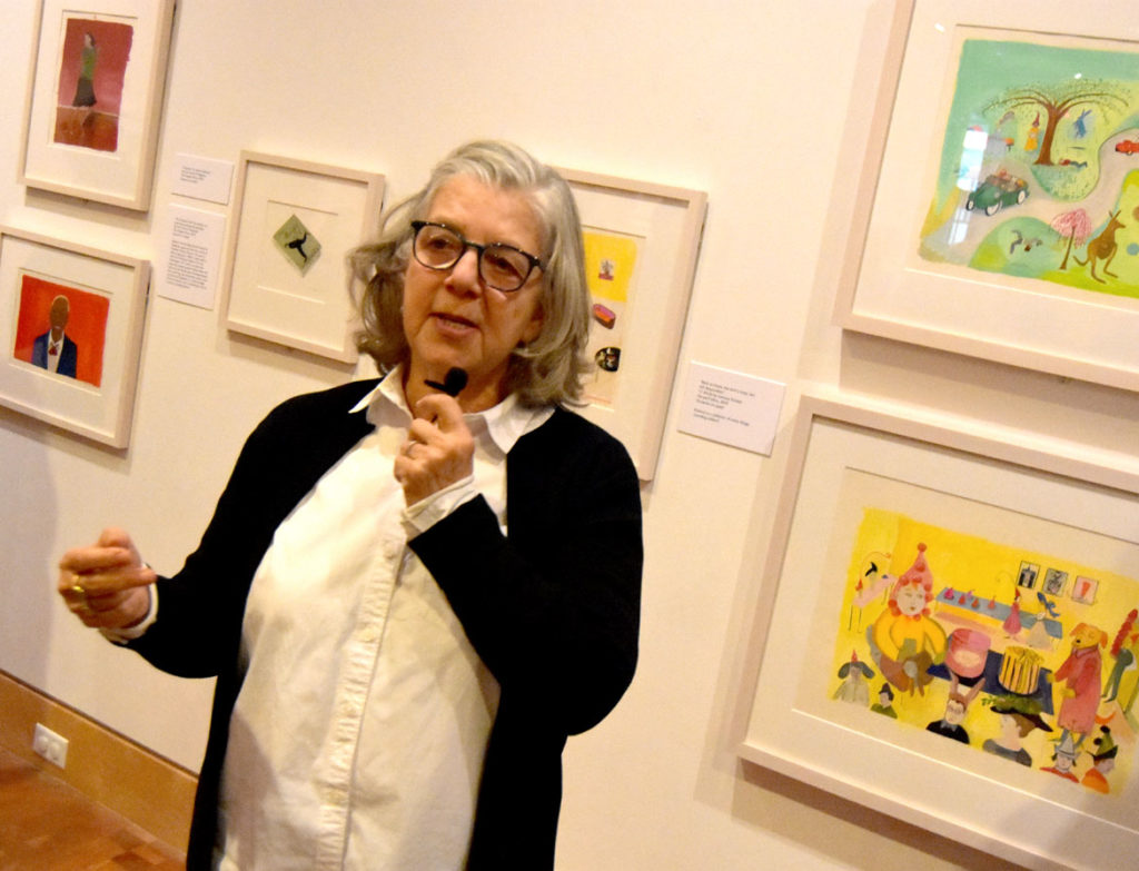 Maira Kalman speaks at “The Pursuit of Everything: Maira Kalman's Books for Children" at the Eric Carle Museum of Picture Book Art in Amherst, Nov. 10, 2019. (Greg Cook photo)
