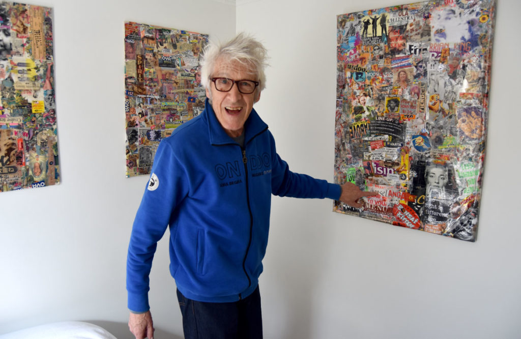 Willie Alexander at a retrospective of his paintings and collages at the Manship Artist Residency + Studios in Gloucester, Oct. 18, 2019. (Greg Cook photo)