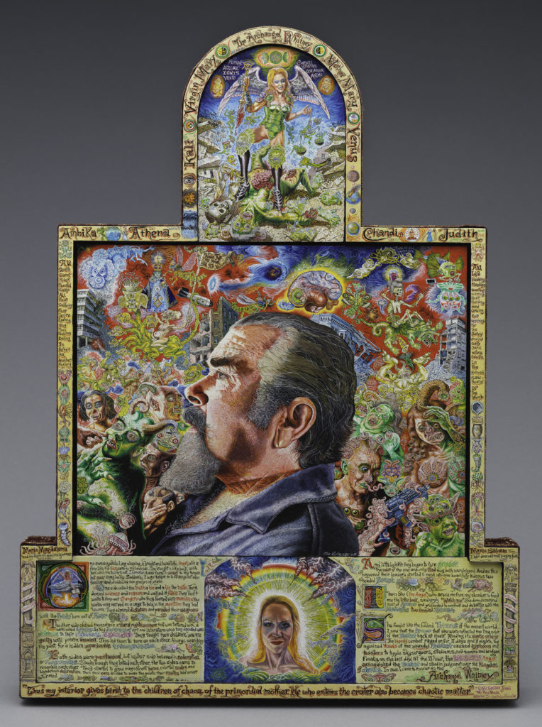 Joe Coleman's "The Book of Revelations, Take Two," 2019, acrylic on wood panel with painted frame and fabric. (Courtesy Andrew Edlin Gallery, New York)