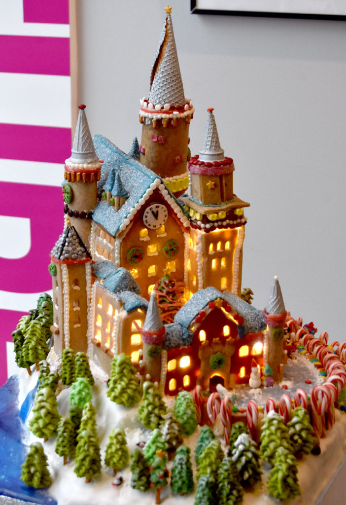 Finegold Alexander's "Gingerella’s Confectionary Castle" in Gingerbread Design Competition and Exhibition, Boston Society of Architects Space, Dec. 17, 2019. (Greg Cook photo)