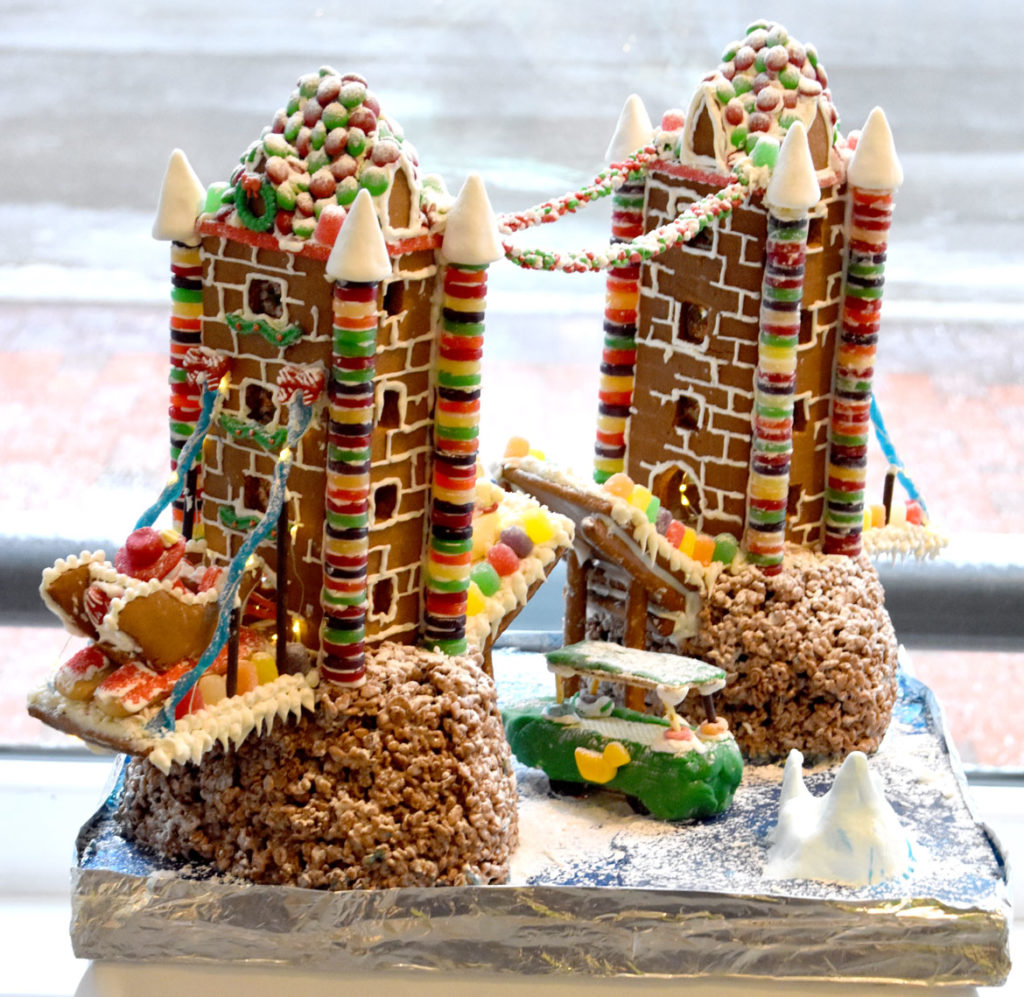 Prellwitz Chilinski Associates' "God Save the Gumdrops" in Gingerbread Design Competition and Exhibition, Boston Society of Architects Space, Dec. 17, 2019. (Greg Cook photo)