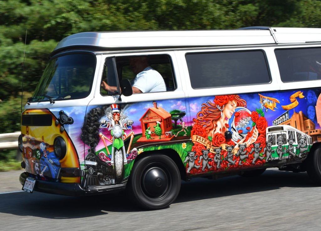 Grateful Dead mini van driving north on Route 95 near Georgetown, Massachusetts, July 27, 2019. (Greg Cook photo)