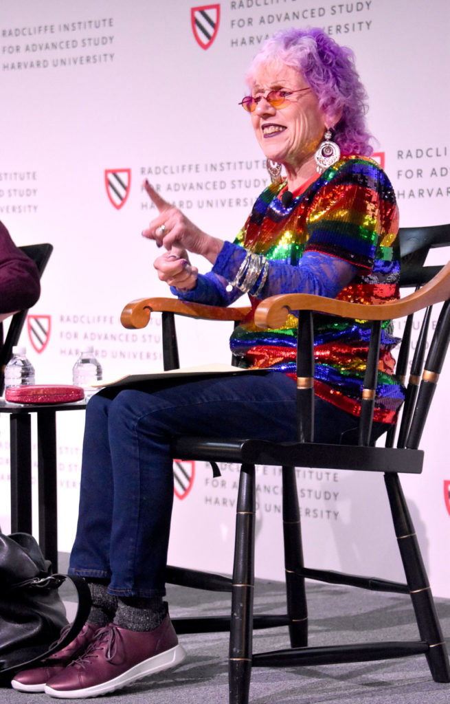 Judy Chicago speaks at Harvard | Radcliffe, Cambridge, Oct. 17, 2019. (Greg Cook photo)