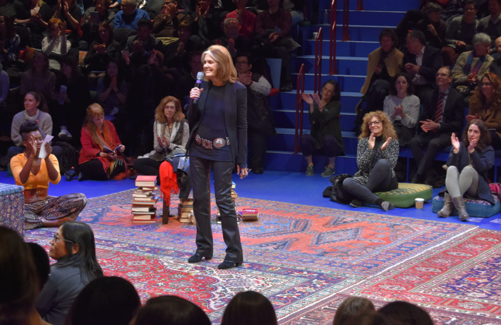 Gloria Steinem takes the stage at the conclusion of the opening night performance of "Gloria: A Life" at American Repertory Theater, Cambridge, Jan. 30, 2020. (© Greg Cook photo)