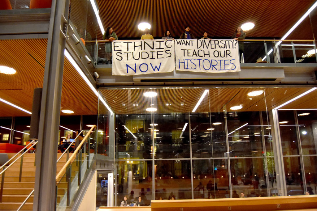 Protesters demand "Ethnic Studies Now" and "Want Diversity? Teach Our Histories" at Harvard's Smith Campus Center, Cambridge, Jan. 30, 2020. (©Greg Cook photo)