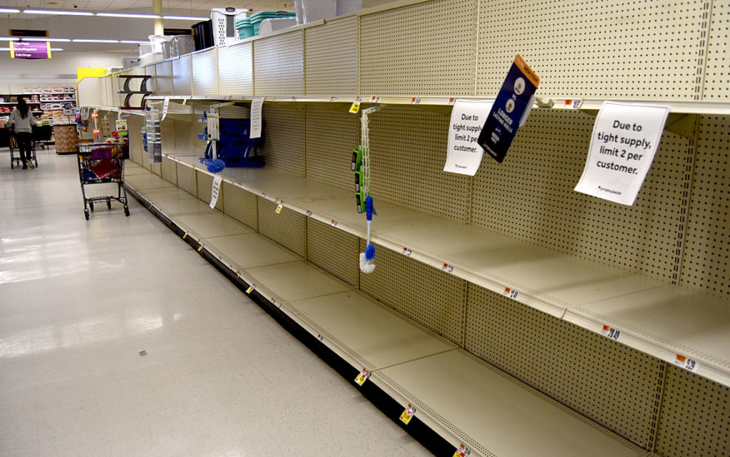 Stop & Shop toilet paper aisle in Saugus, March 20, 2020. (Greg Cook photo)