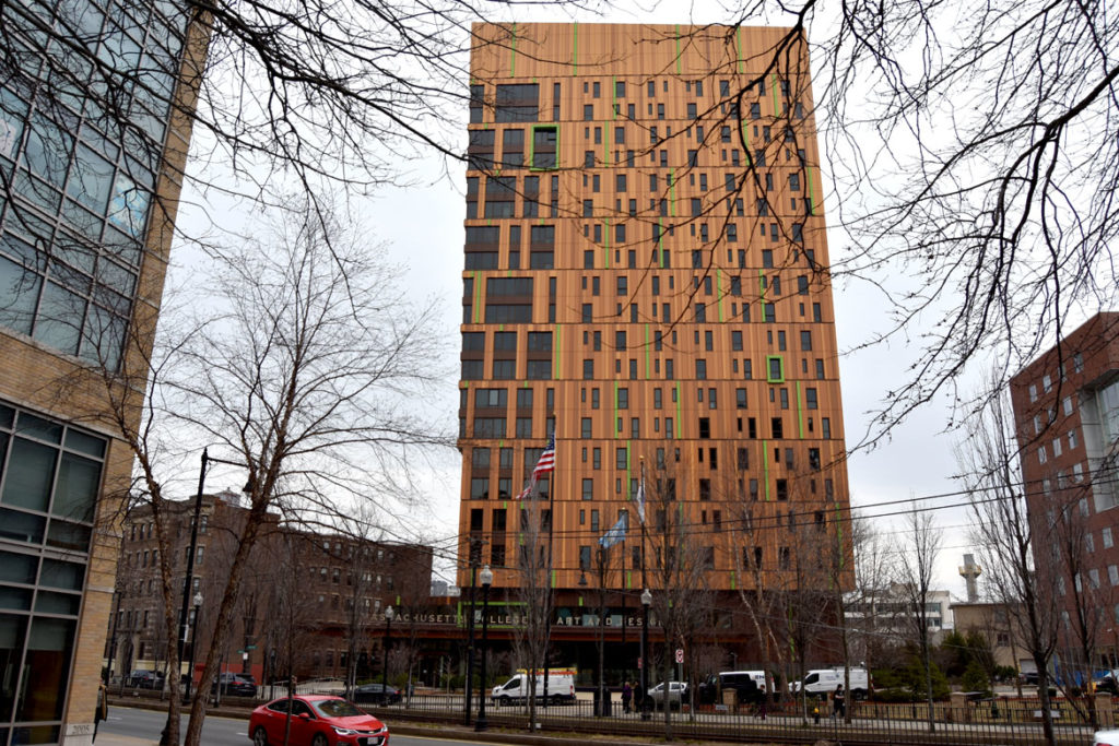 MassArt's 21-story Tree House Residence Hall, designed by the Boston firm ADD Inc., which debuted in 2018 at 578 Huntington Ave., Boston, Feb. 25, 2020. (Greg Cook)
