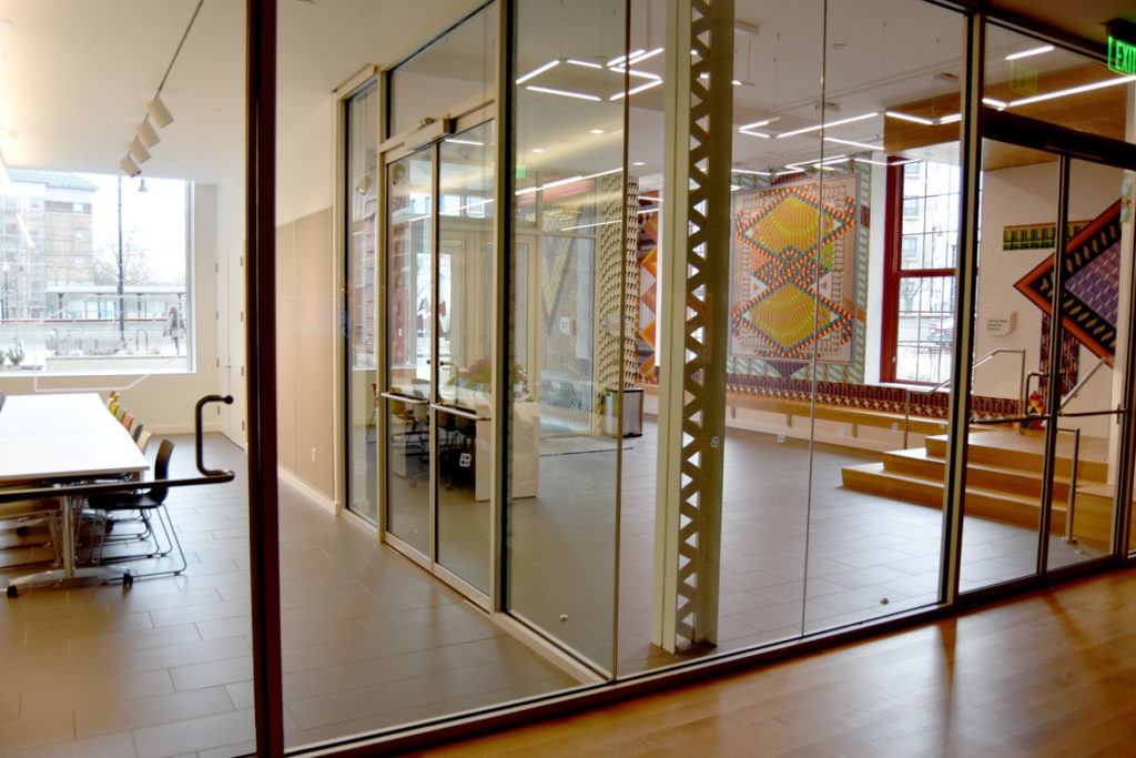 Looking into the MassArt Art Museum's Barkan Family Big Ideas Studio (left) and lobby, Boston, Feb. 25, 2020. (Greg Cook)