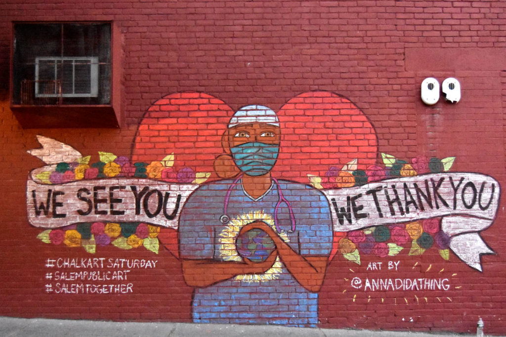 "We See You / We Thank You" coronavirus mural by Anna Dugan on Salem's Lafayette Street, May 22, 2020. (©Greg Cook photo)