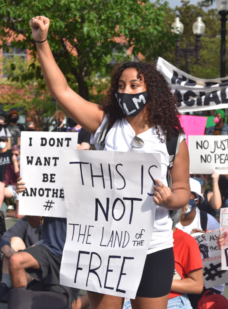 Thousands gathered in Boston's Peters Park to protest the murder of George Floyd by Minneapolis police. May 29, 2020. (Greg Cook photo)