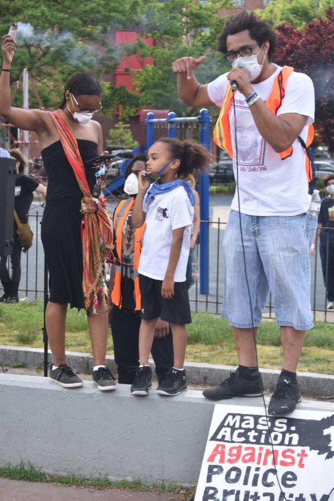 Brock Satter (right) of Mass Action Against Police Brutality spoke to the thousands gathered in Boston's Peters Park to protest the murder of George Floyd by Minneapolis police. May 29, 2020. (Greg Cook photo)