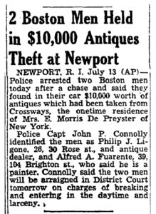 "2 Boston Men Held in $10,000 Antiques Theft at Newport," The Boston Globe, July 14, 1951.