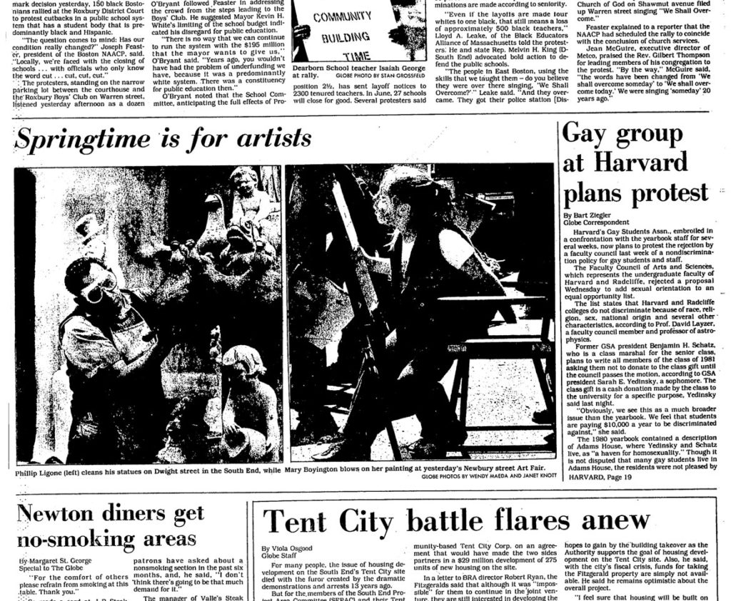 "Phillip Ligone ... cleans his statues on Dwight street in the South End" in this photo in the May 18, 1981, edition of The Boston Globe.