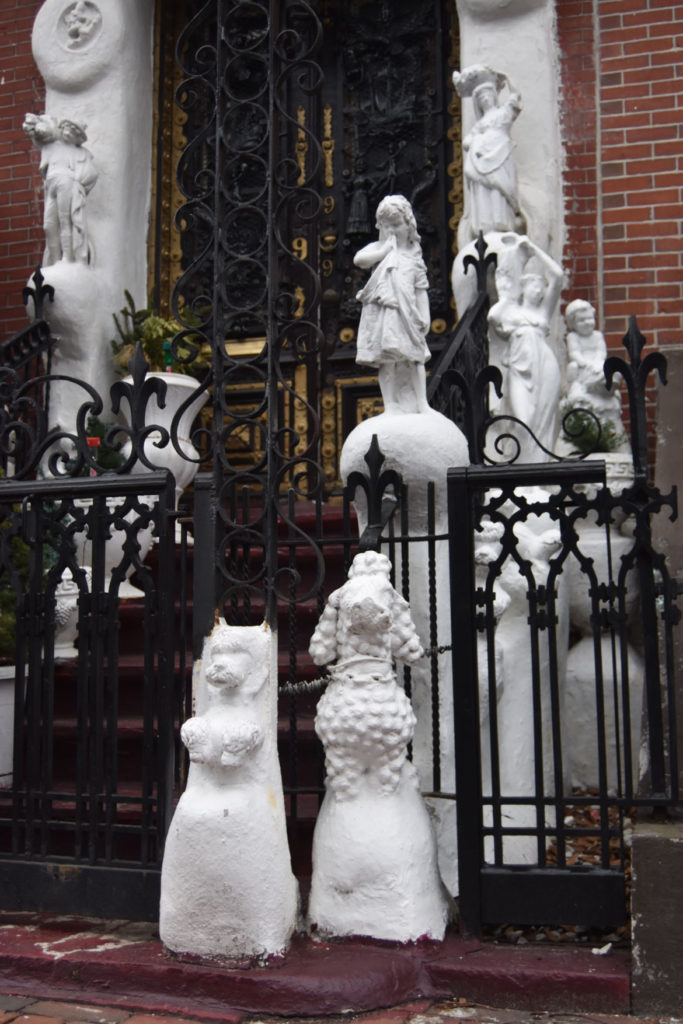 Sculptures decorate front of 9 Dwight St., Boston, Feb. 16, 2018. (Greg Cook photo)