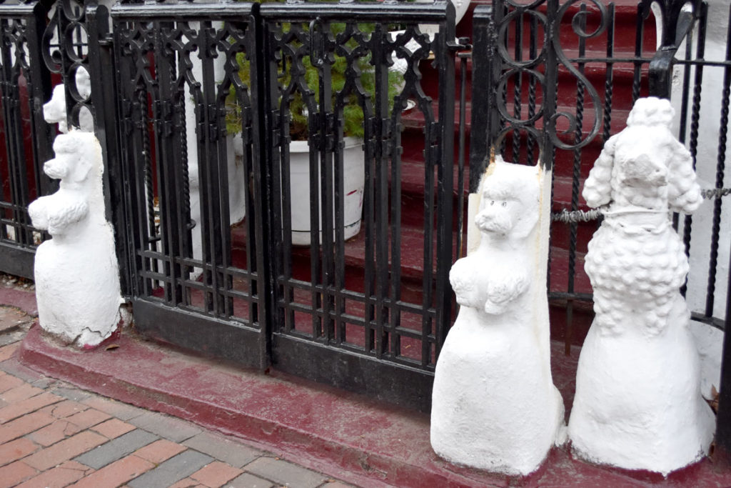 Poodle sculptures decorate front of 9 Dwight St., Boston, Jan. 4, 2019. (Greg Cook photo)