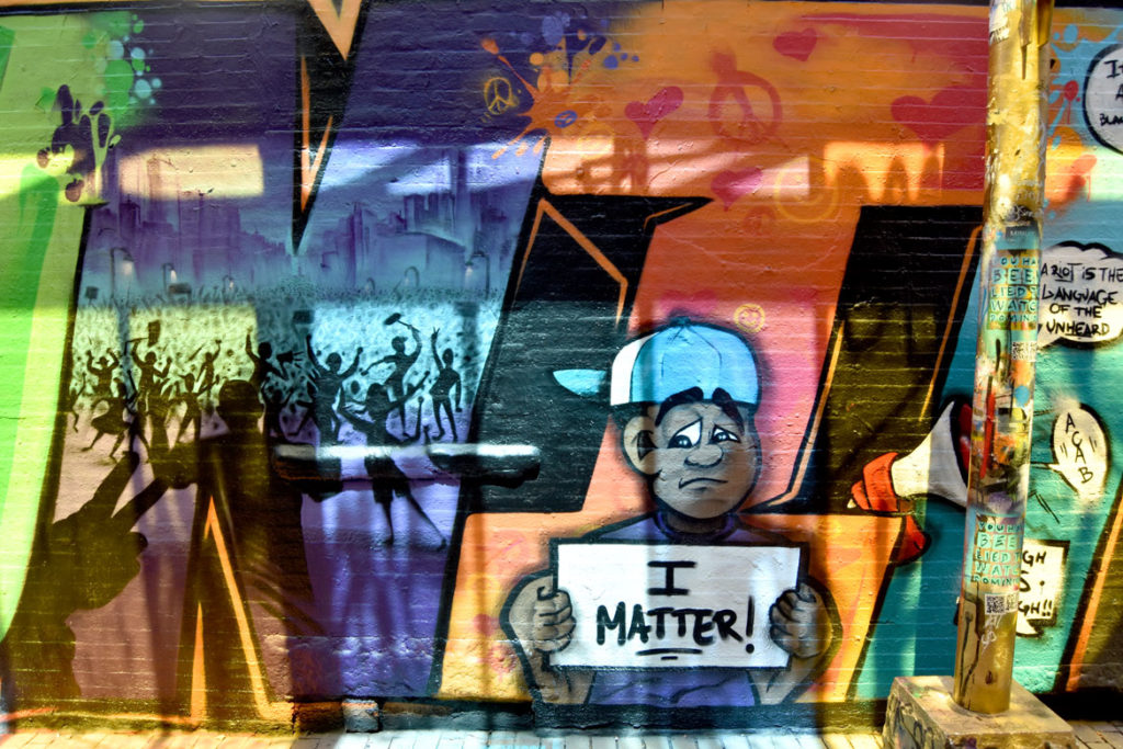 "Unified" mural at Graffiti Alley, Central Square, Cambridge, June 18, 2020. (© Greg Cook photo)
