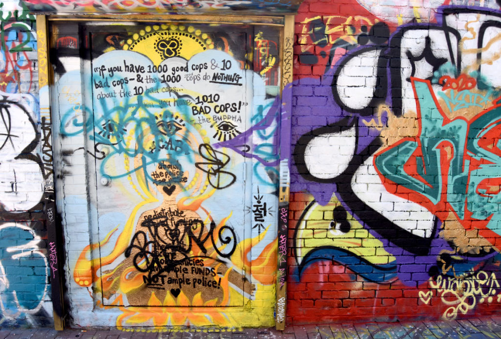 Graffiti Alley, Central Square, Cambridge, June 18, 2020. (© Greg Cook photo)