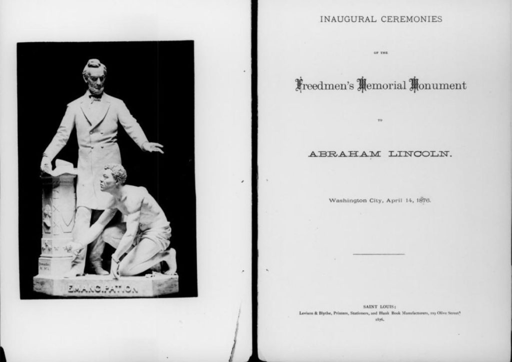 1876 pamphlet describing the "Inaugural ceremonies of the Freedmen's Memorial Monument to Abraham Lincoln."